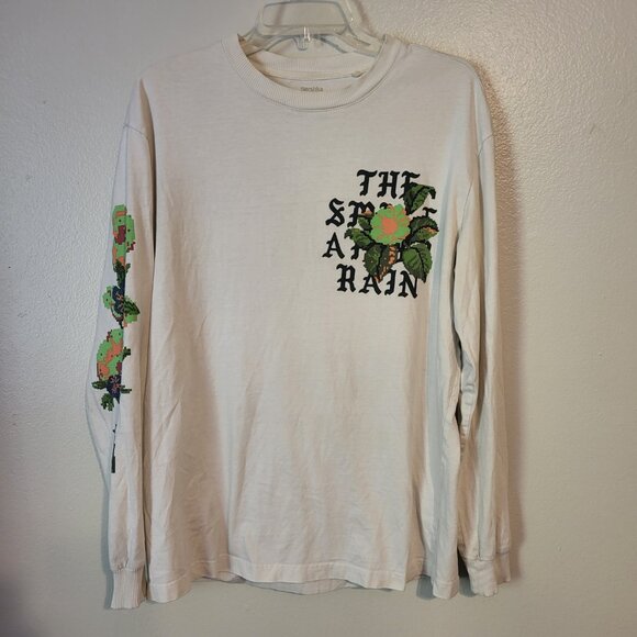 Bershka "THE SMELL AFTER RAIN" floral Men's Long Sleeve T shirt Size M off white - Picture 1 of 7